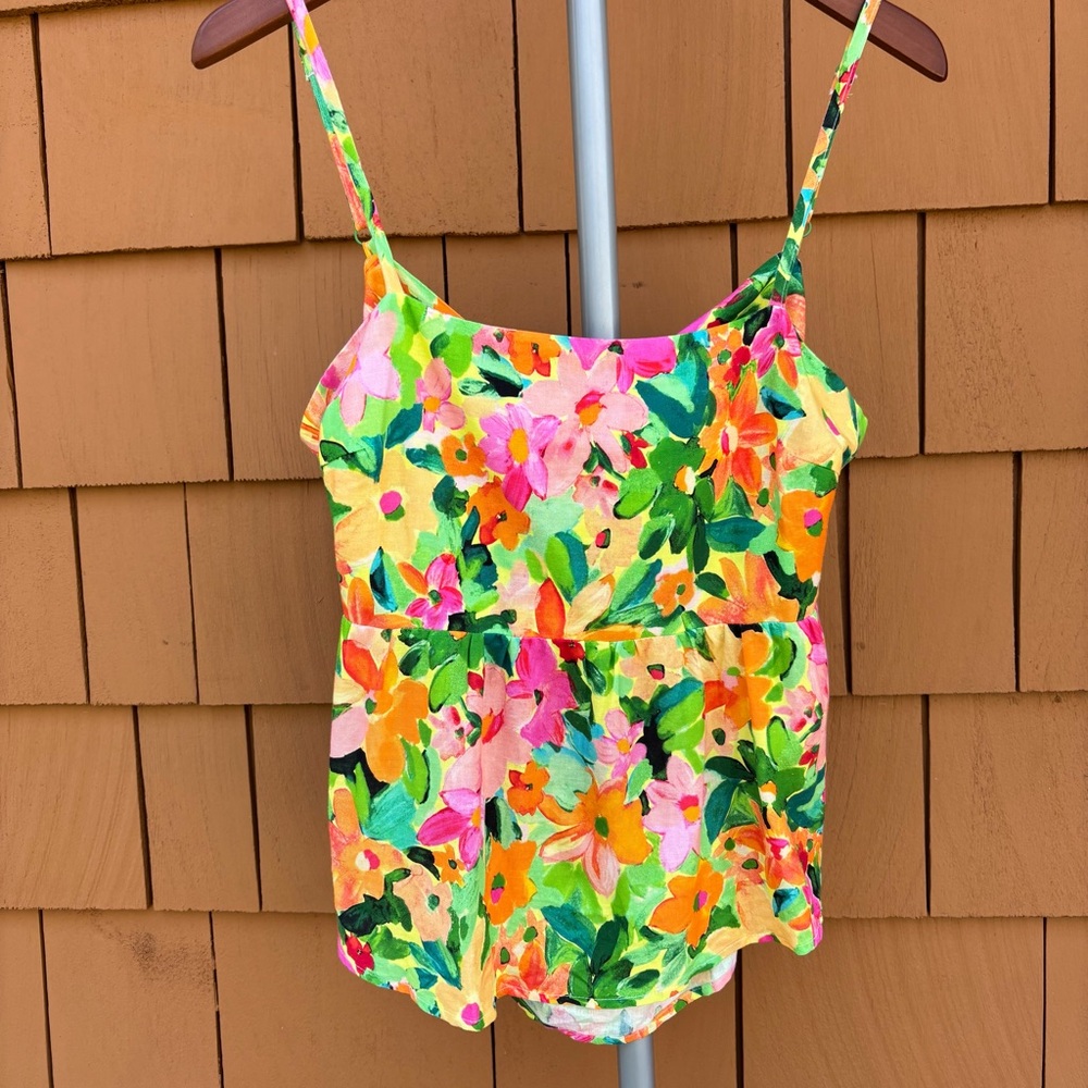 SANCTUARY | Tropical Babydoll Peplum Y2K Linen Blend Tie-Back Cami Top | Size M